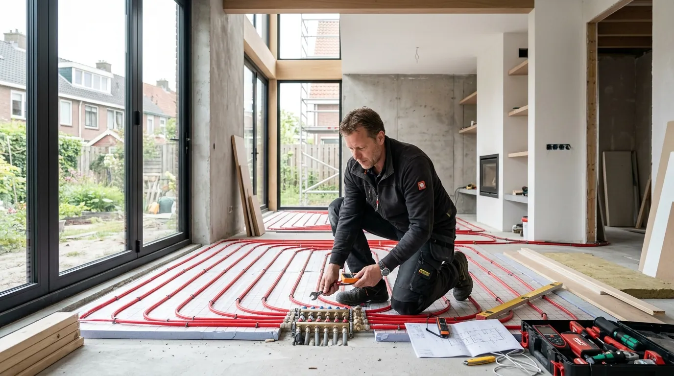 Vakman van Klusbedrijf Bagci legt vloerverwarming aan in een Nederlandse woning